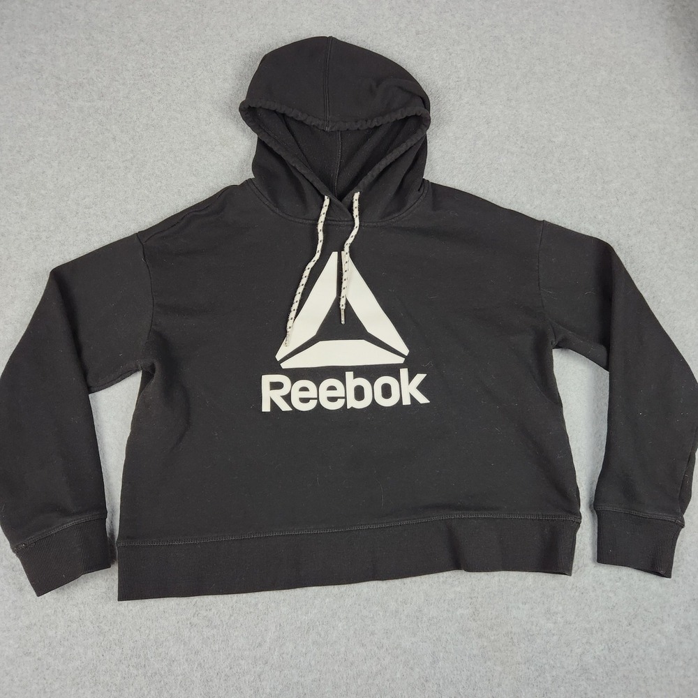 Reebok Cropped Hoodie Womens Medium Black Spell Out Logo Relaxed Fit Pullover